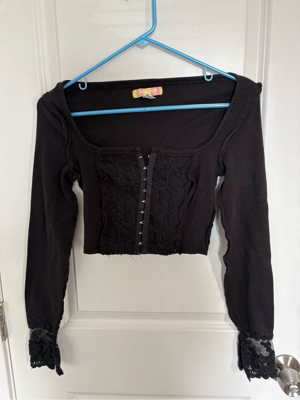 Urban Outfitters Black Lace-Trim Cropped Long-Sleeve Top